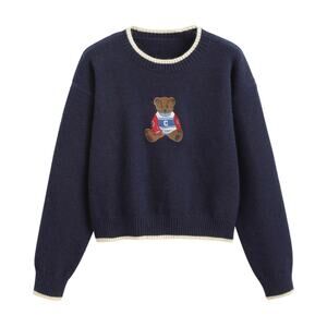 Cider Cute Kidcore Kawaii Casual Teddy Bear Dark Blue Sweater